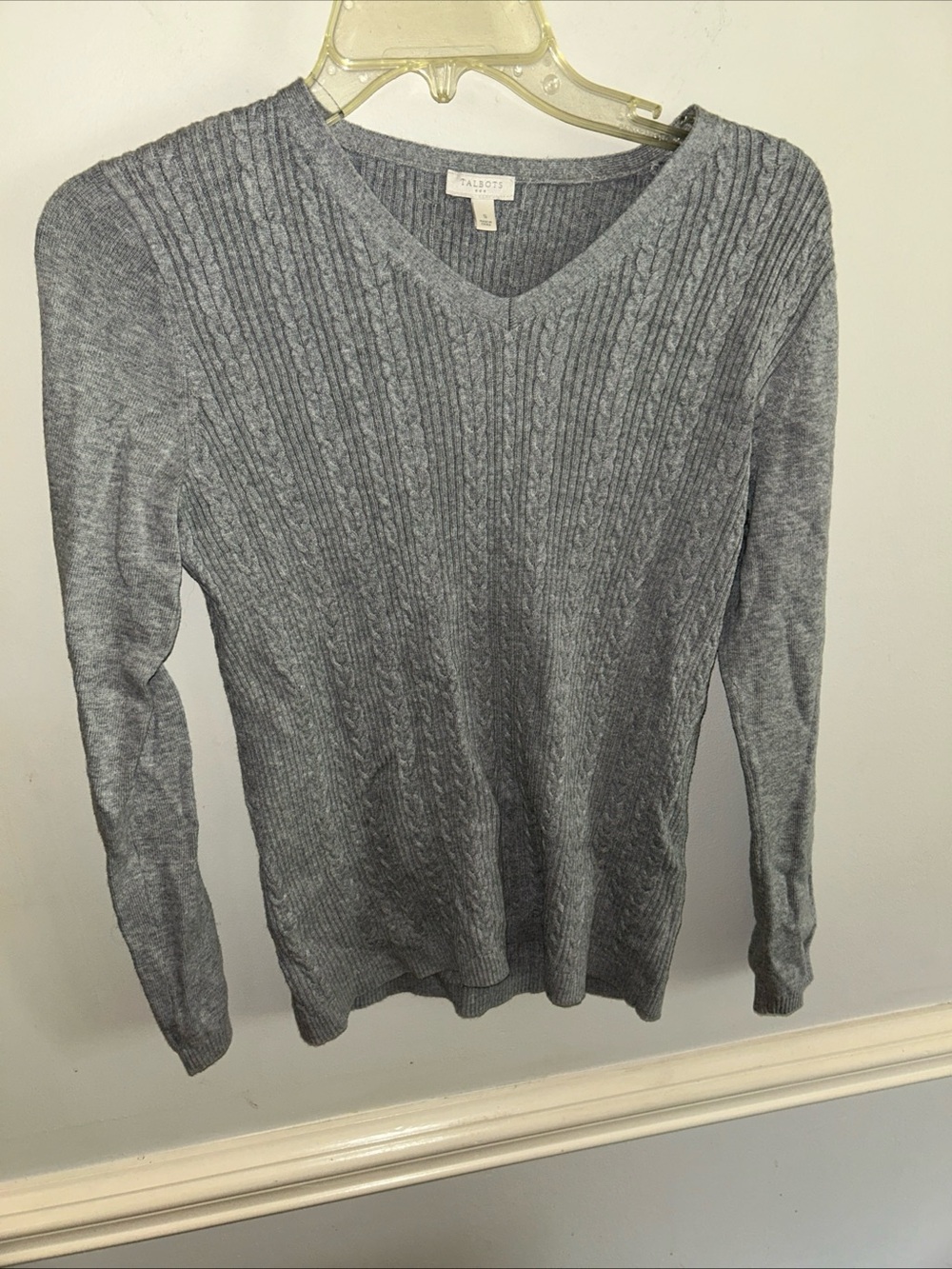 Talbots Light Gray Cable V-Neck Sweater